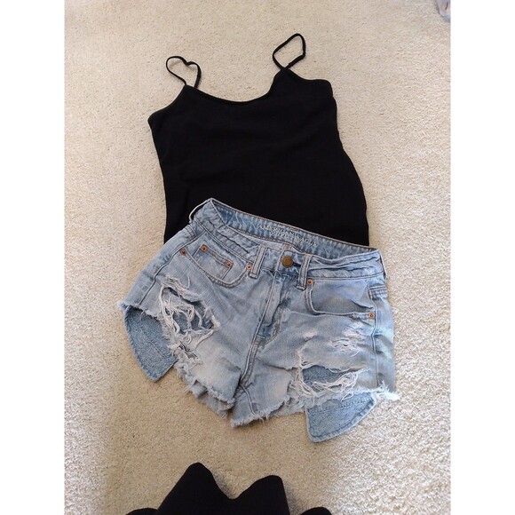 Lace Pockets American Eagle Distressed Jean Shorts Size 0 - Picture 2 of 5